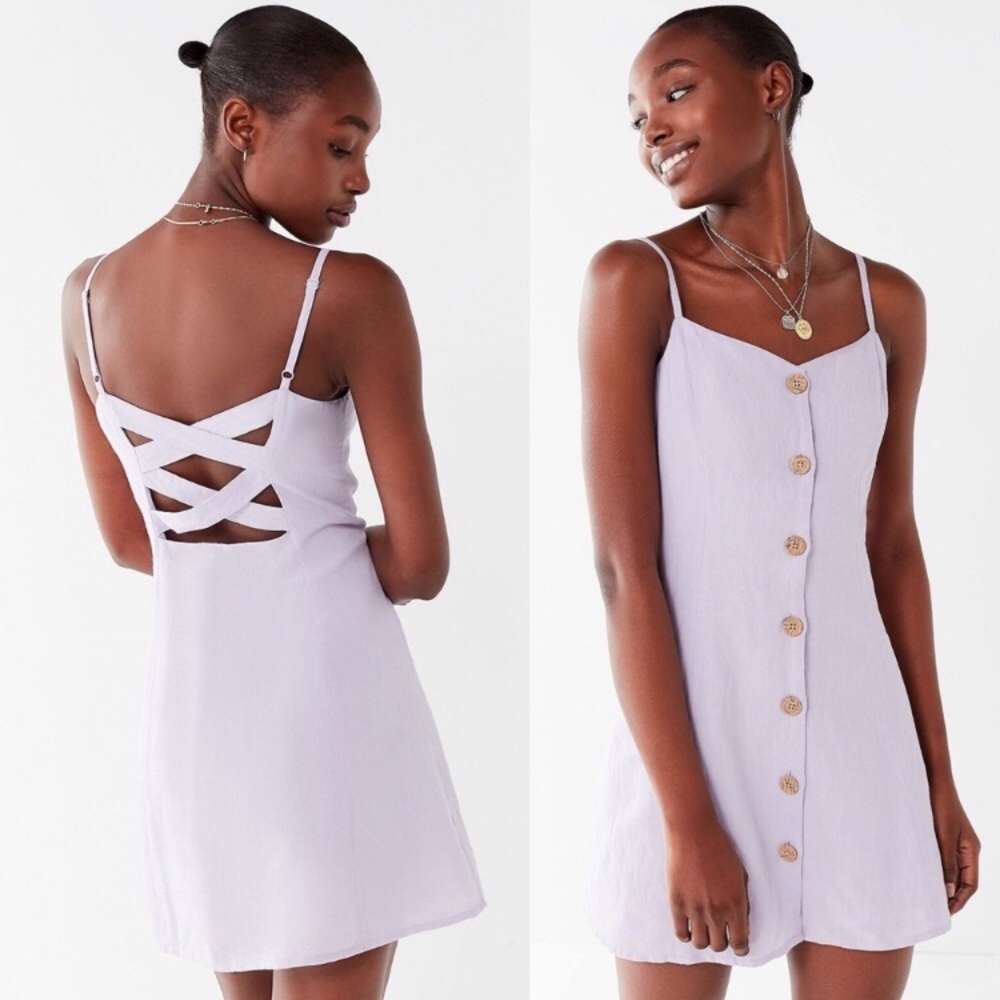 purple button down strappy back linen dress